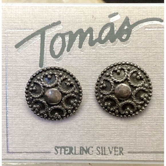 Vintage Tomas Sterling Silver 925 Round Stud Detail‎ Earrings 3/8'' -1.95g - Picture 1 of 8